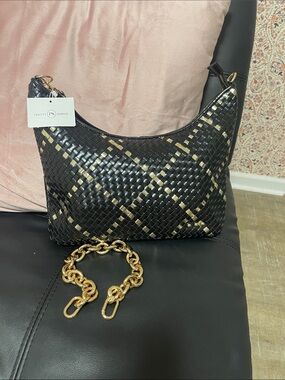 NWT Pretty Simple Black & Gold Woven Hobo Bag